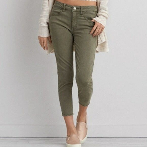 American Eagle Outfitters Denim - American Eagle olive green raw hem skinny jeans